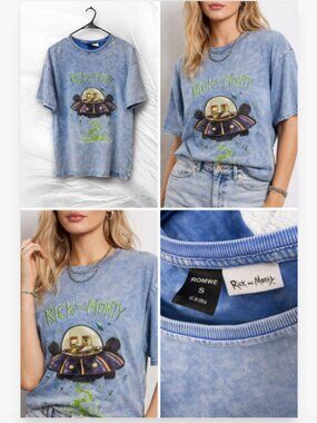 Rick and Morty Acid Wash Graphic Tee Blue Vintage Style Cotton Shirt Size S
